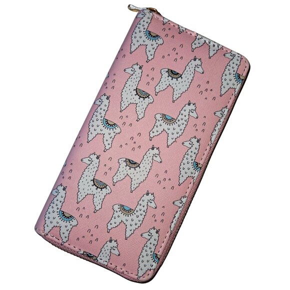Trendy Organizational Pink with White Lamas Clutch Zippered Phone Wallet - Picture 1 of 16